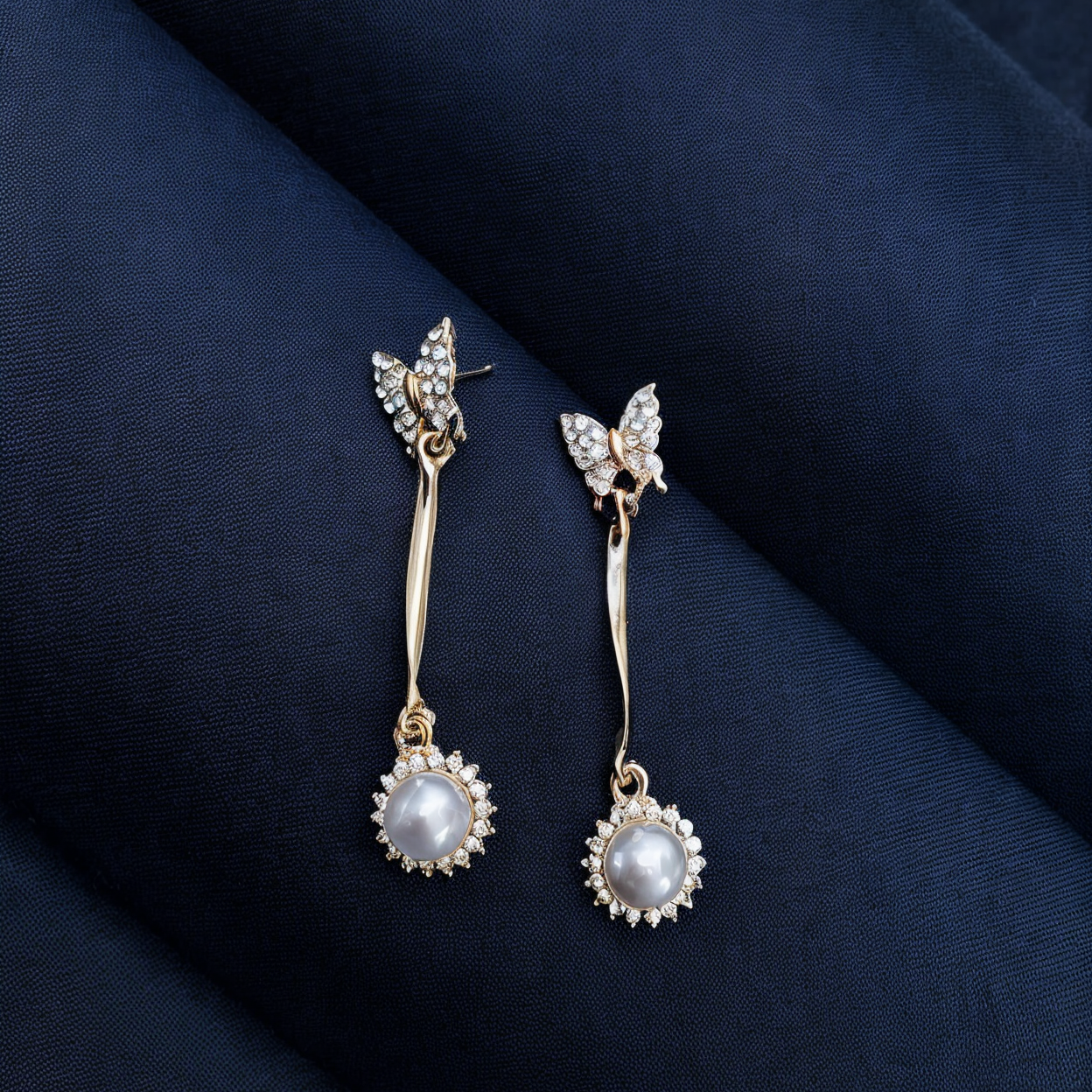 Dangling CZ Studded Pearl Butterfly -Golden