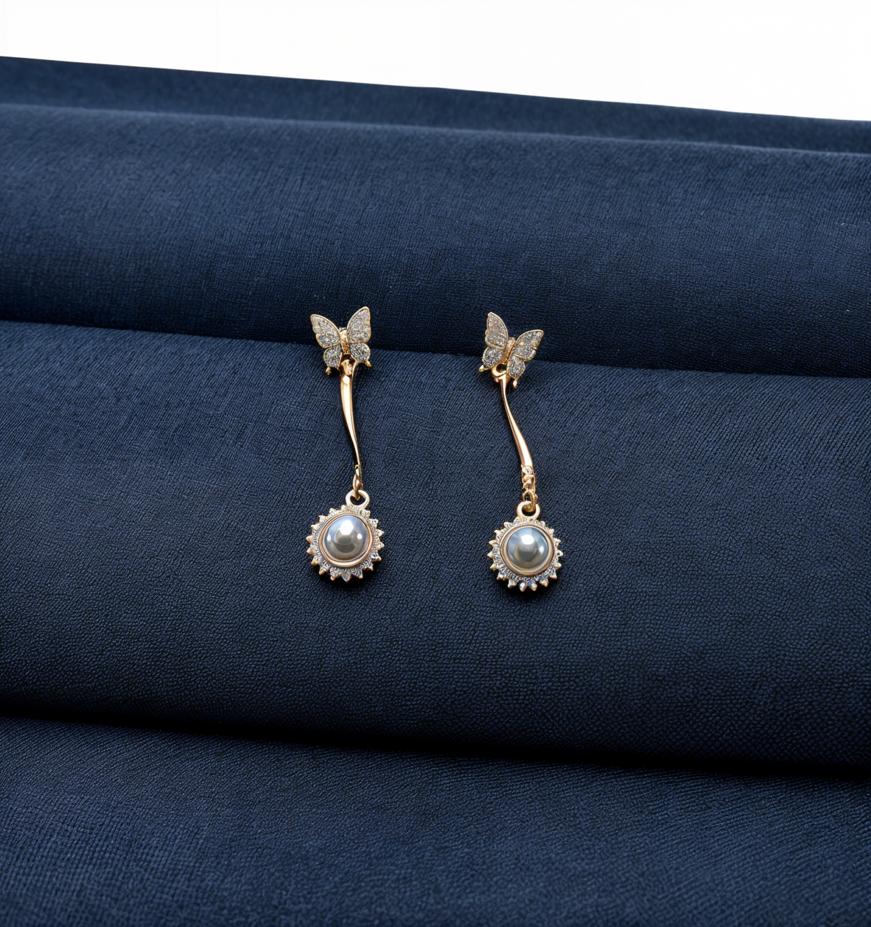 Dangling CZ Studded Pearl Butterfly -Golden