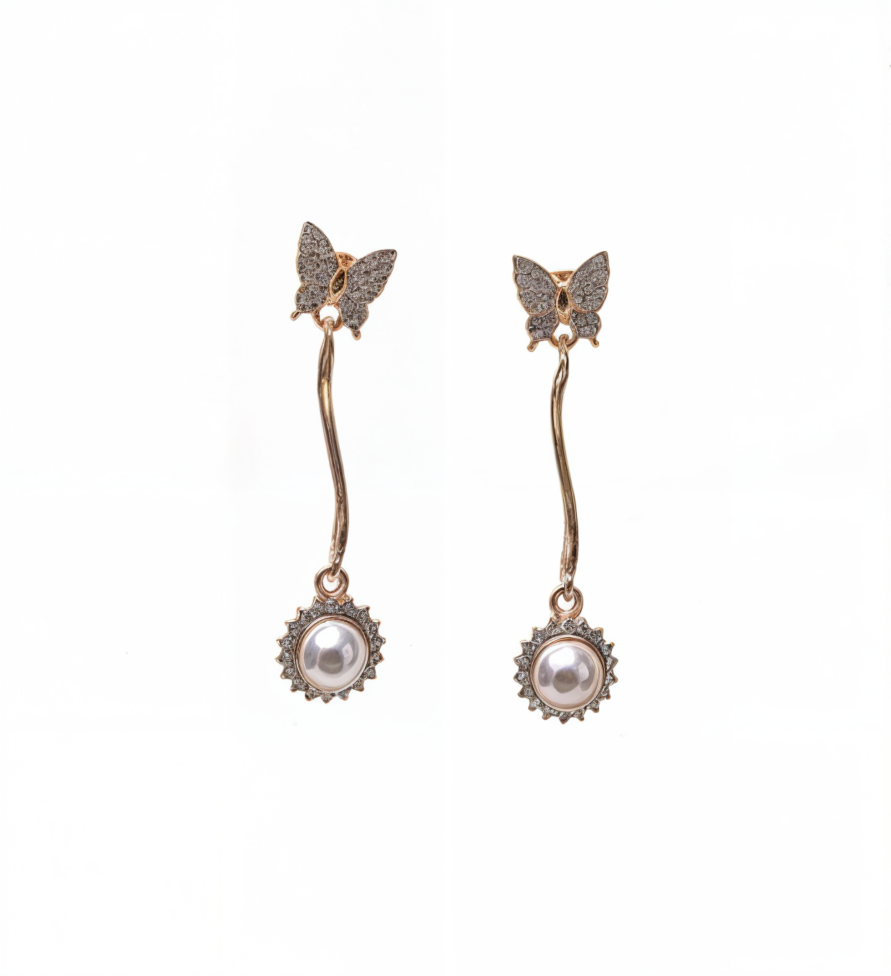 Dangling CZ Studded Pearl Butterfly -Golden