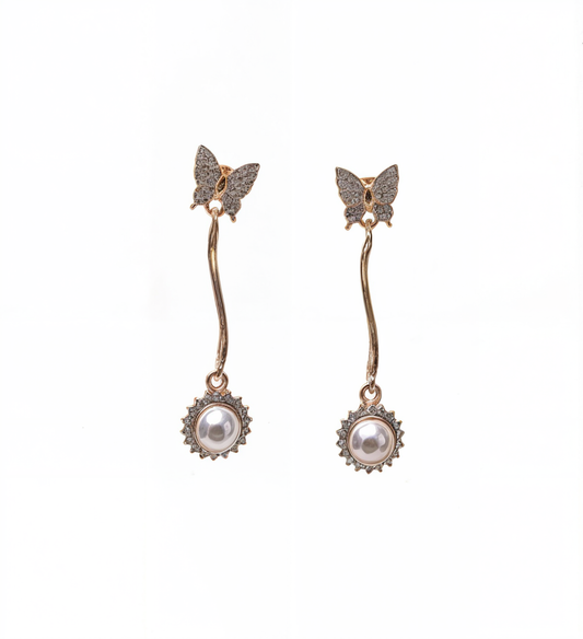 Dangling CZ Studded Pearl Butterfly -Golden