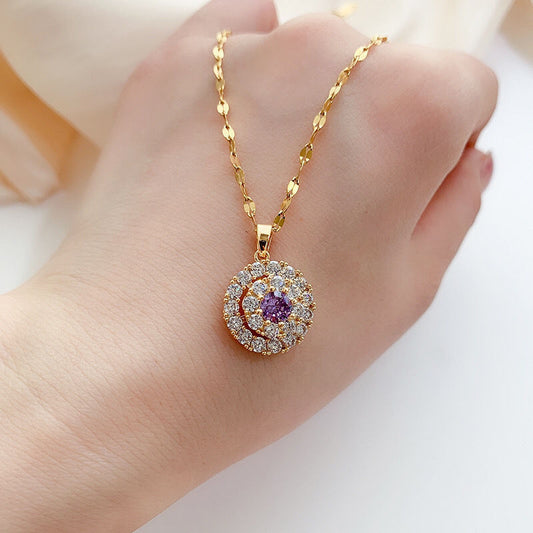 Rhine Stone Purple Crystal flower- Golden Pendant