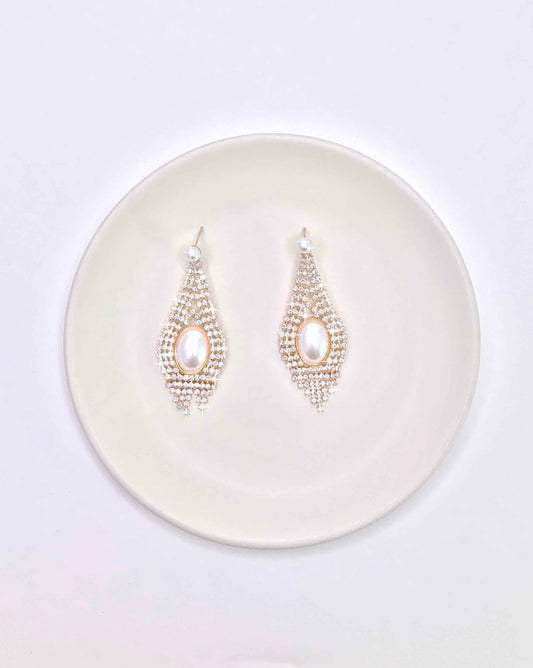 Long Chandelier Gold Pearl Dangle Pageant