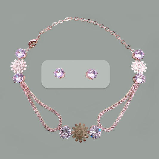 Rose Crystal Rose Gold Necklace / Solitaire Cz Diamond Earring Set