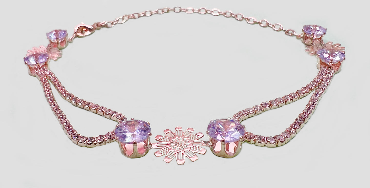 Rose Crystal Rose Gold Necklace / Solitaire Cz Diamond Earring Set