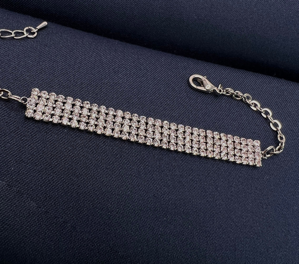 Geometric Rhinestone bordered Silver Bracelet