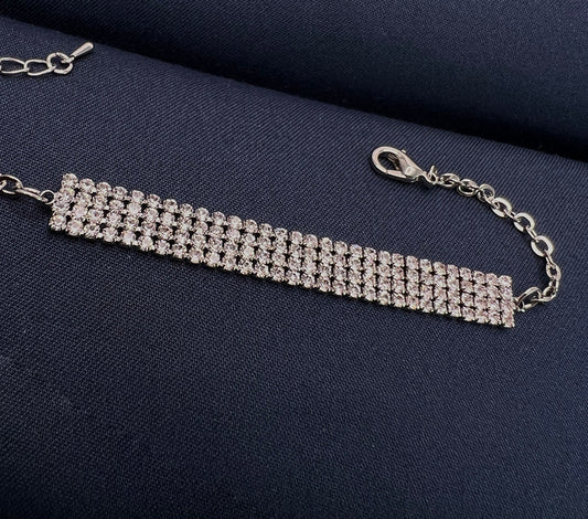 Geometric Rhinestone bordered Silver Bracelet
