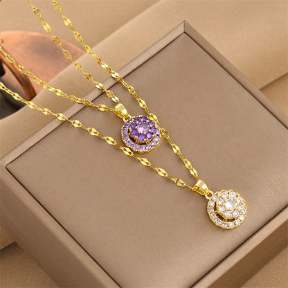 Rhine Stone Purple Crystal flower- Golden Pendant